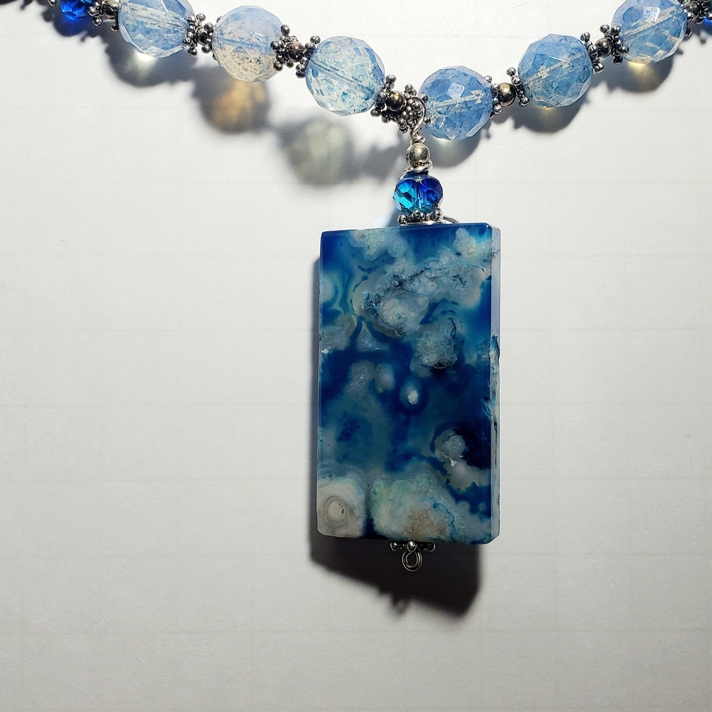 Flower Agate Pendant Necklace with Blue Czech Glass & Blue Banded Agate Beads - Picture 5 of 13